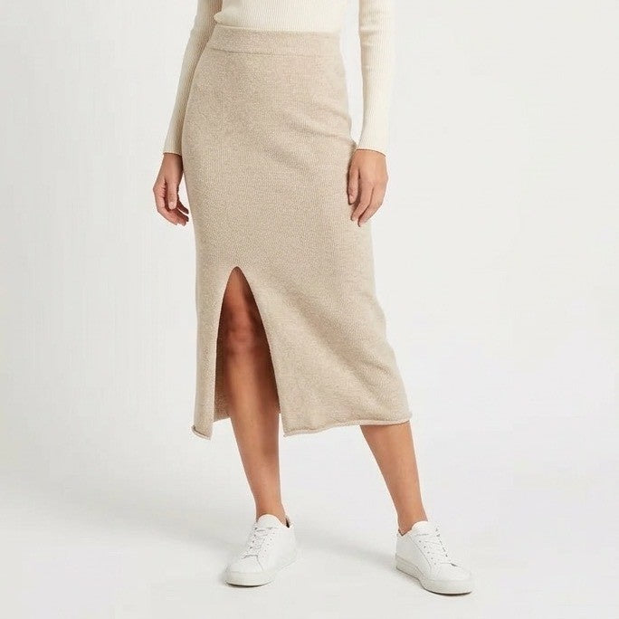 Mimosa Midi Pencil Skirt Womens Small Beige Knit Side Slit Pull On Elastic Waist