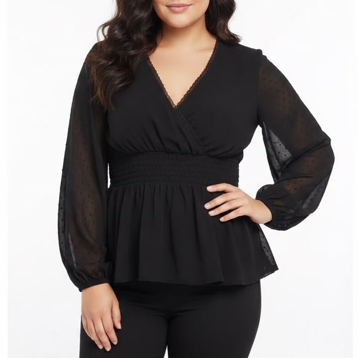 Torrid Babydoll Top Womens 2x Deep Black Nylon Stretch Mesh Smocked Waist V-Neck