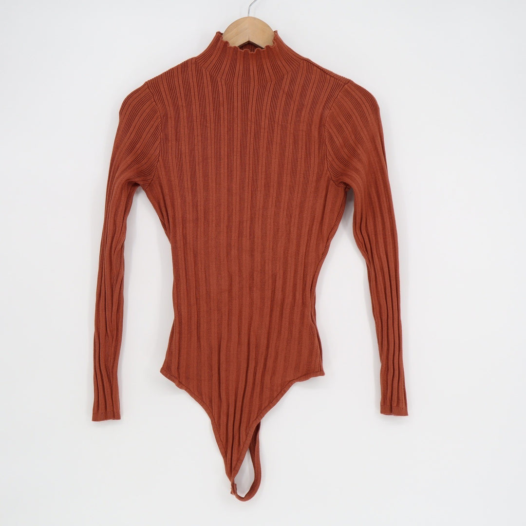 Abercrombie & Fitch Womens Ribbed Mock Neck Long Sleeve Bodysuit Rust Orange L