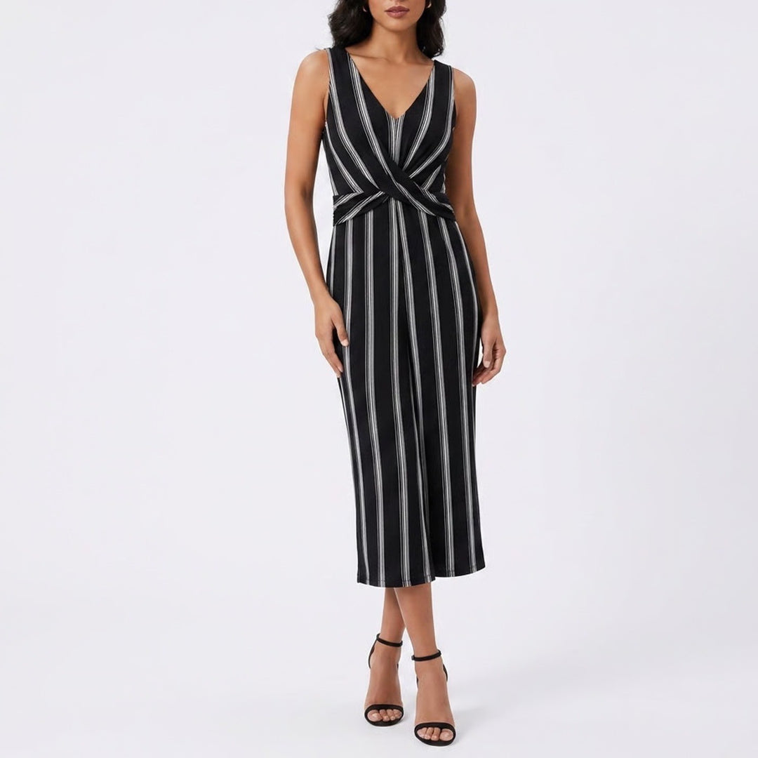 Candie's Jumpsuit Womens M Black White Striped Criss Cross Front V Neck Wide Leg