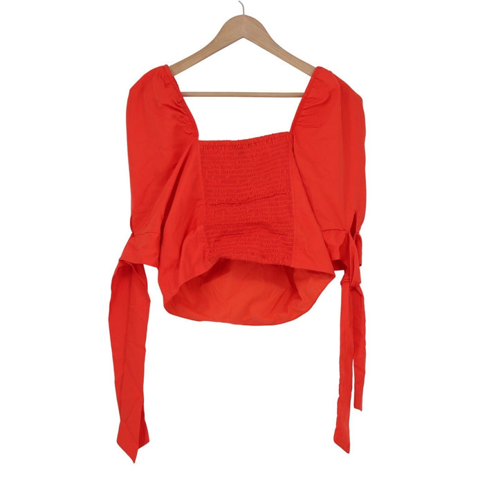 Express Womens Orange Red Puff Sleeve Smocked Back Tie Cuff Crop Top M NEW