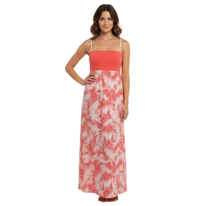 Splendid Maxi Bandeau Strapless Summer Dress Women XS Orange Palm Print Tropical