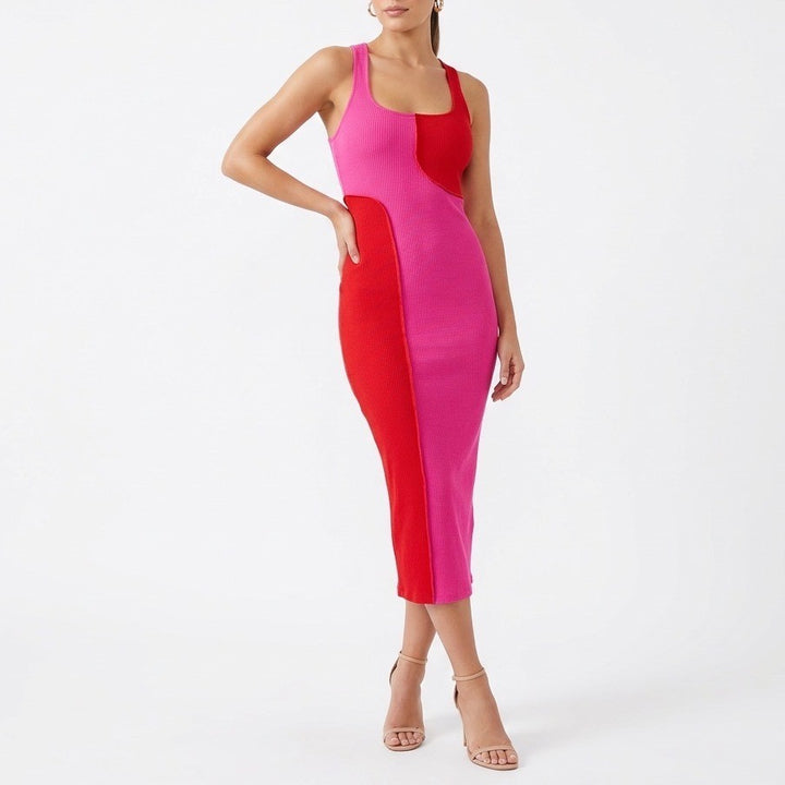 Naked Wardrobe Pink Red Colorblock Ribbed Midi Bodycon Dress XS