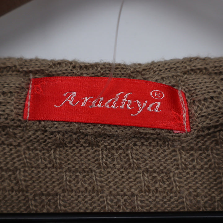 Aradhya Tan Brown Knit Long Sleeve Beaded Kurta Tunic Split Neck L