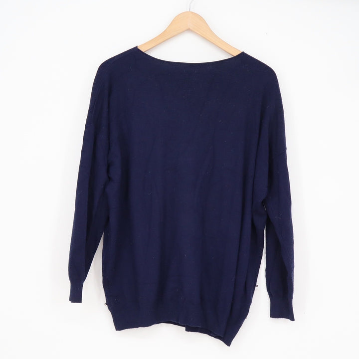 Milanika Navy Blue Studded Cashmere Blend Boat Neck Knit Sweater Oversized L