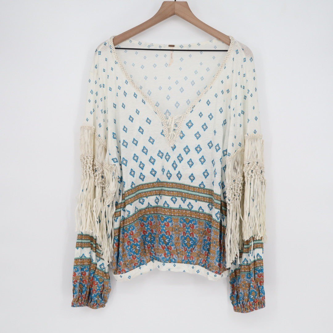 Free People White Blue Diamond Print Boho Fringe Long Sleeve Blouse Top L