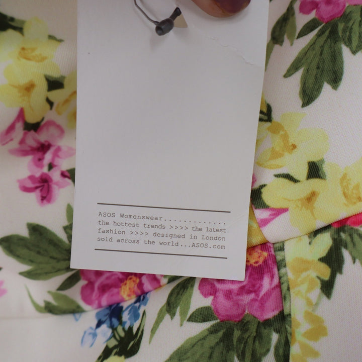 ASOS Floral Strapless Midi Dress Cream Pink Yellow Ruffle Wrap Size 8 NEW
