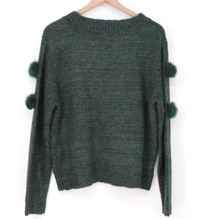Michelle Nicole Sweater Womens Large Green Knitted Faux Fur Pom Pom Crew Neck