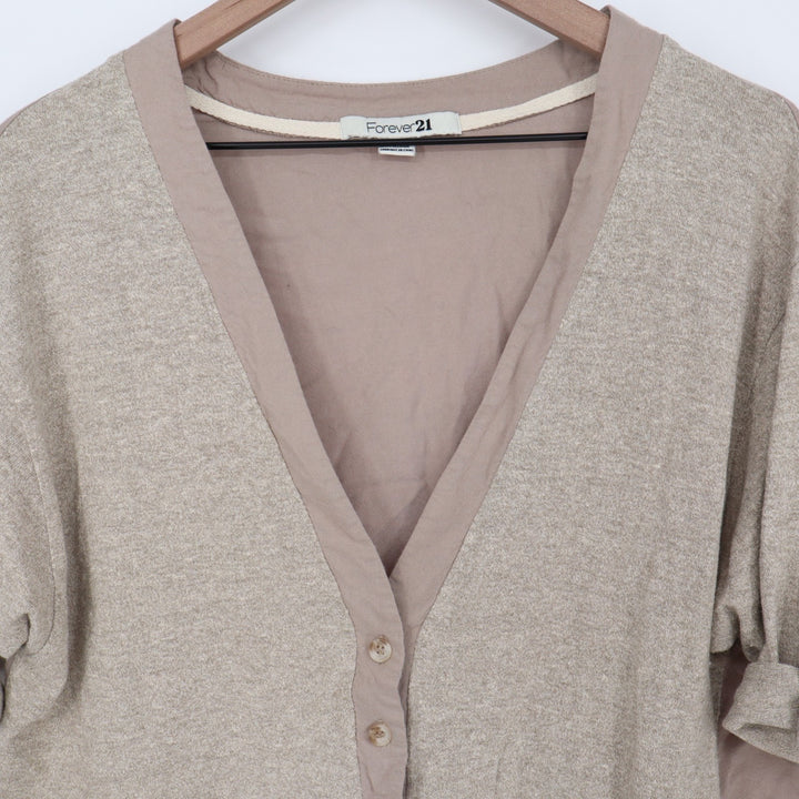 Forever 21 cardigan Crop Sweater Womens Large Gray Cotton V-Neck Roll Tab Sleeve