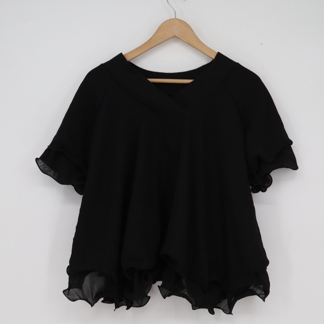 Unbranded Black Ruffle Hem Short Sleeve V-Neck Blouse Relaxed Fit Top Womens