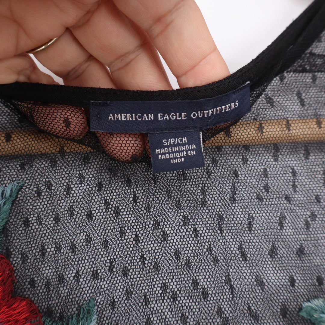 American Eagle Top Womens S Mesh Floral Embroidered Black Sheer Excellent