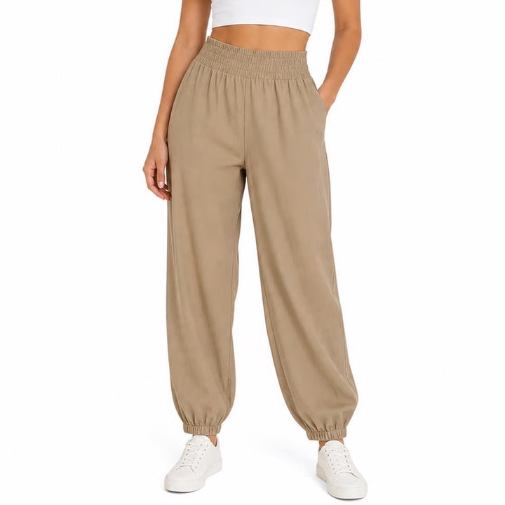 Dokotoo Womens XL Tan Smocked High Waist Jogger Pants Elastic Cuff Khaki