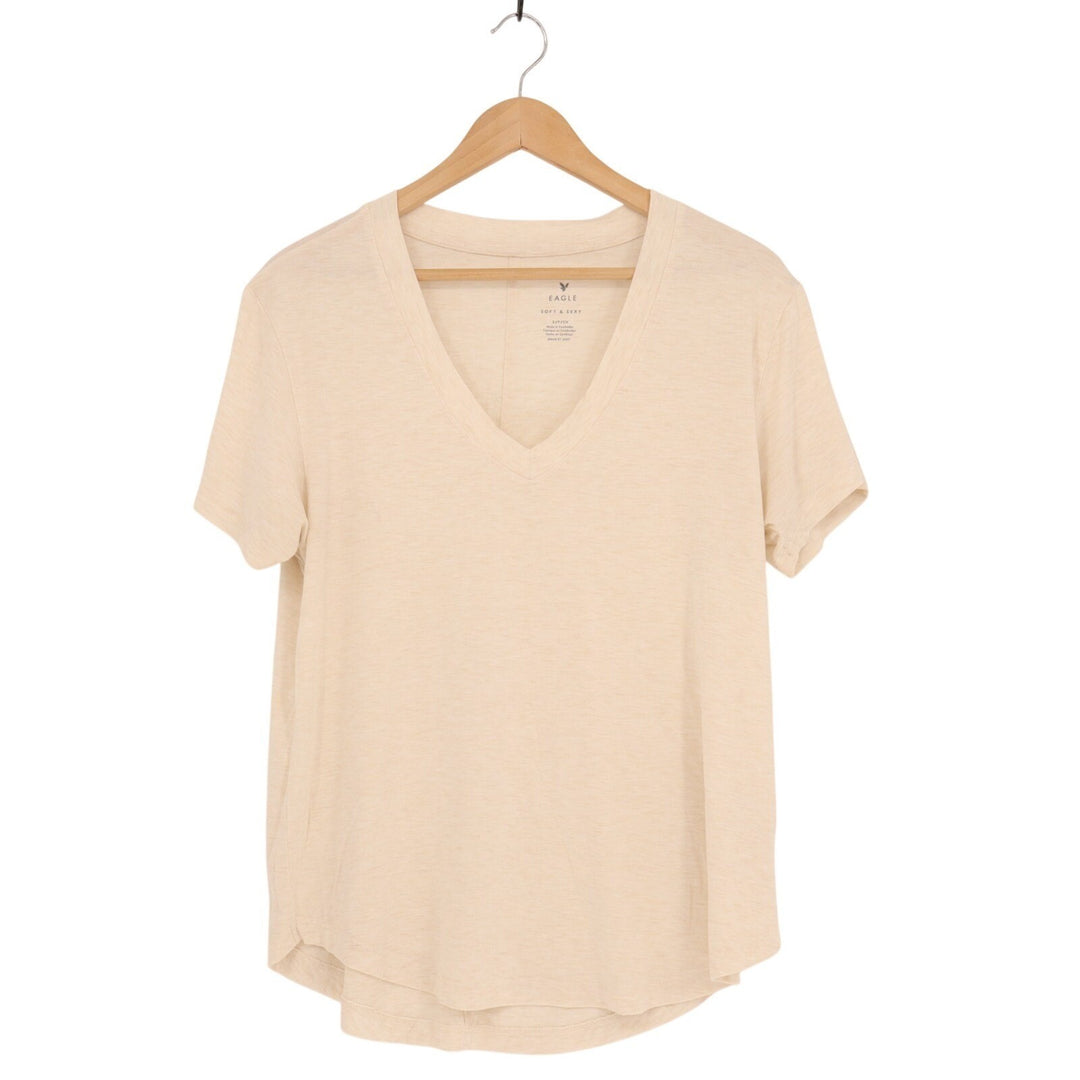 American Eagle Outfitters Soft & Sexy V Neck Tee Shirt Women Small Beige Stretch