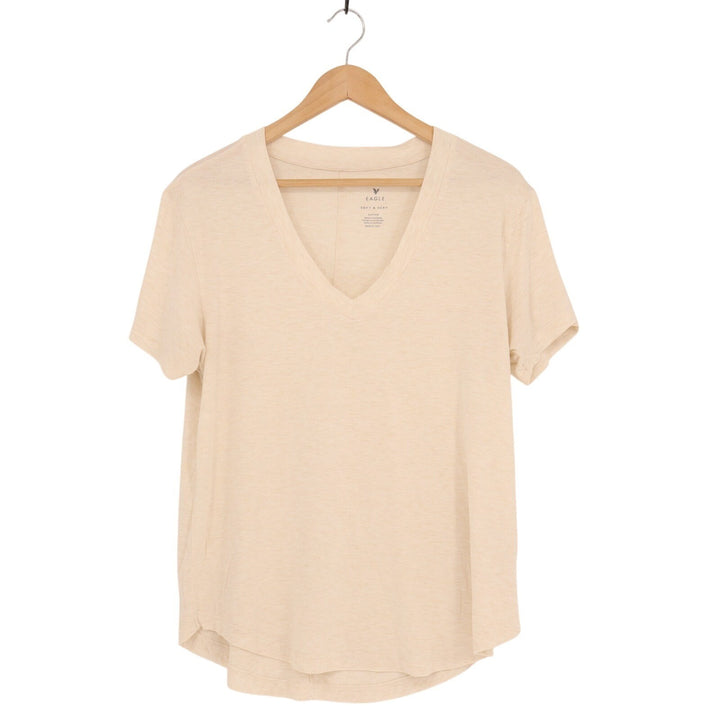 American Eagle Outfitters Soft & Sexy V Neck Tee Shirt Women Small Beige Stretch