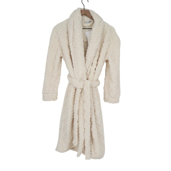 Linea Donatella Wrap Bathrobe Womens Small White Fleece Cable Knit Shawl Collar