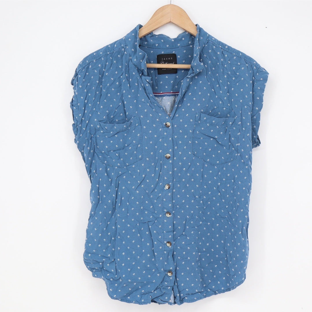 Jachs Girlfriend Blue Floral Rayon Sleeveless Button Down Shirt Womens Medium