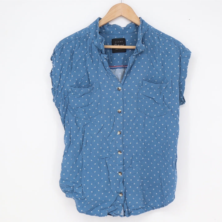 Jachs Girlfriend Blue Floral Rayon Sleeveless Button Down Shirt Womens Medium