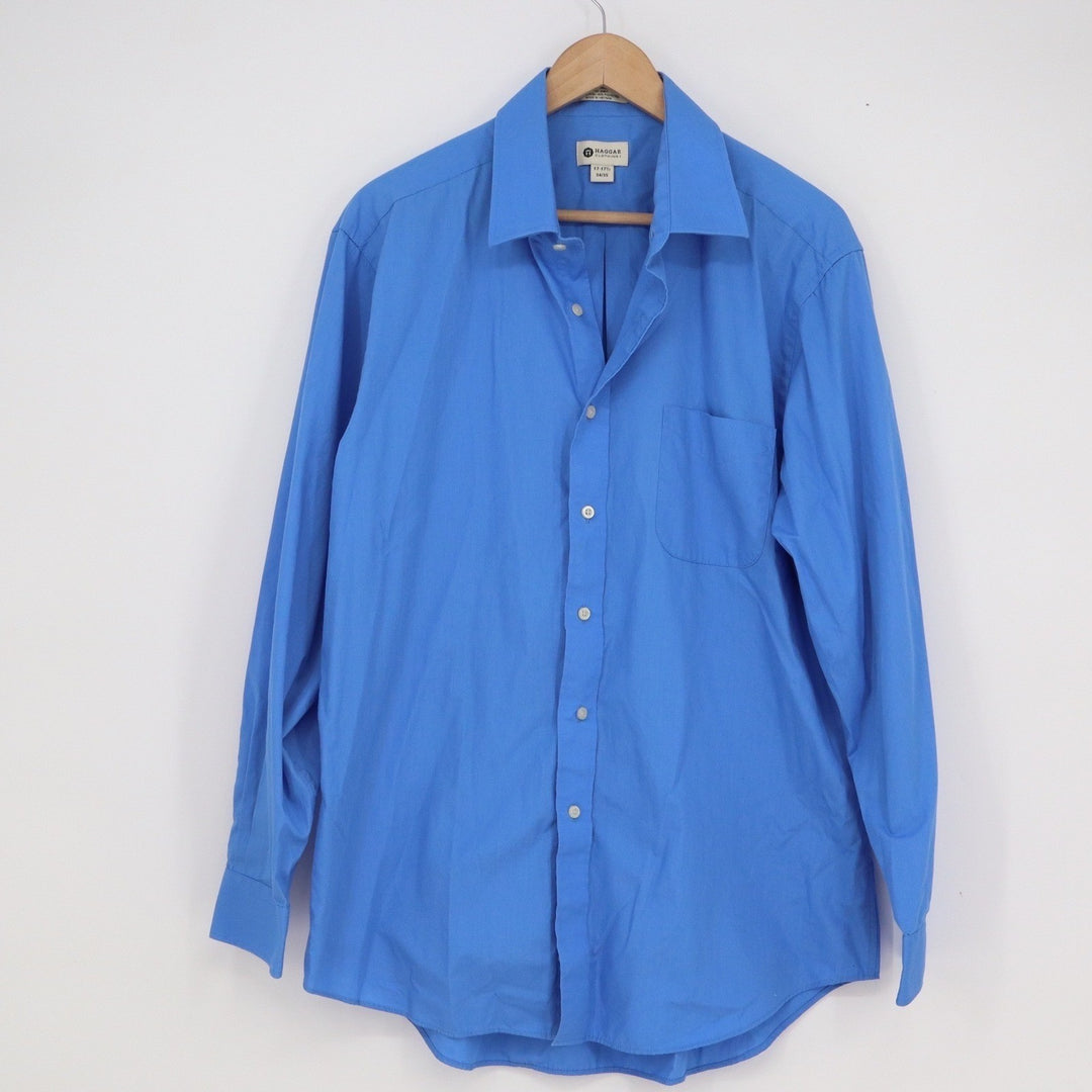 Haggar Mens Fitted Dress Shirt Blue Long Sleeve Cotton Blend 17-17.5 34/35