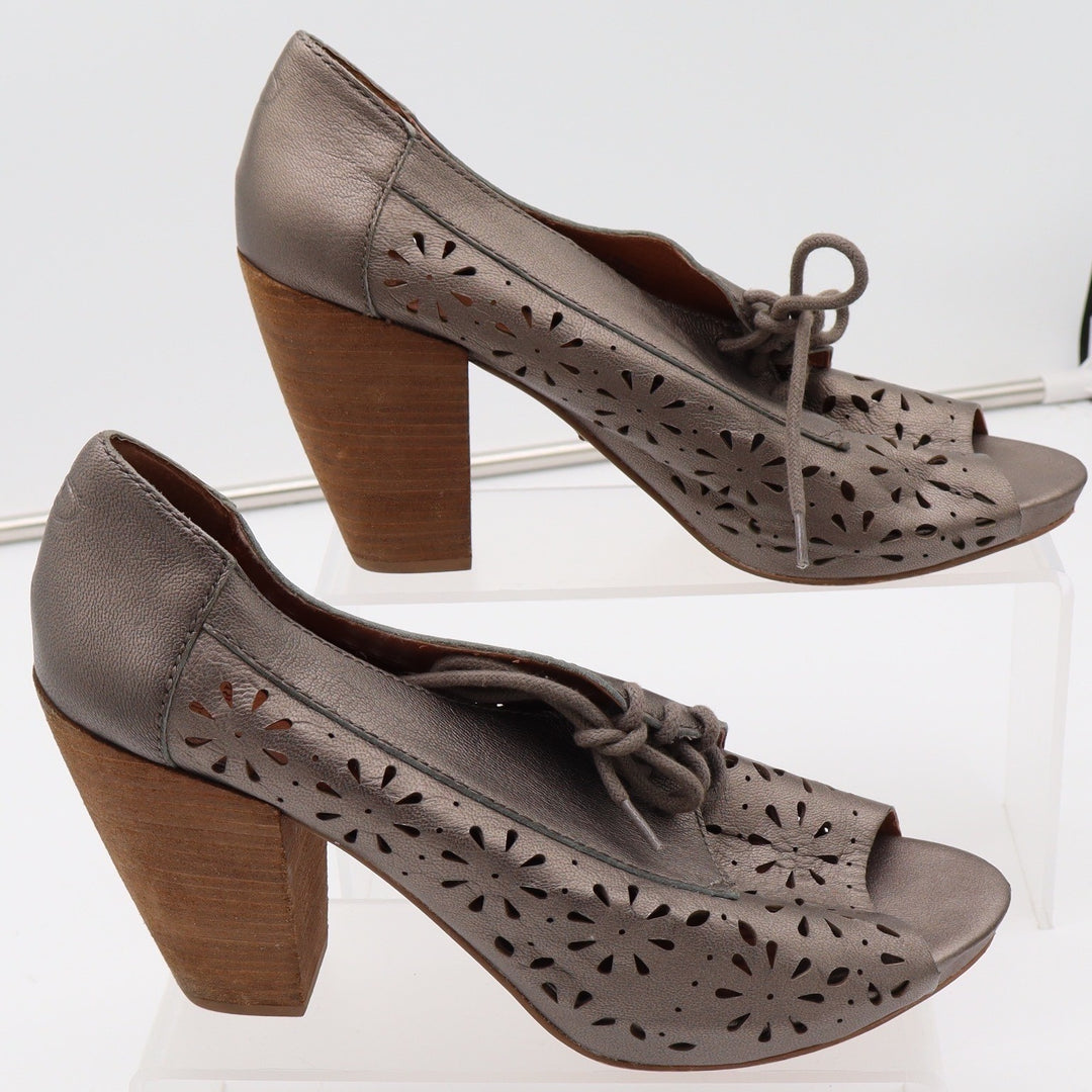 Lucky Brand Peony Metallic Pewter Leather Peep Toe Block Heel Booties 9.5