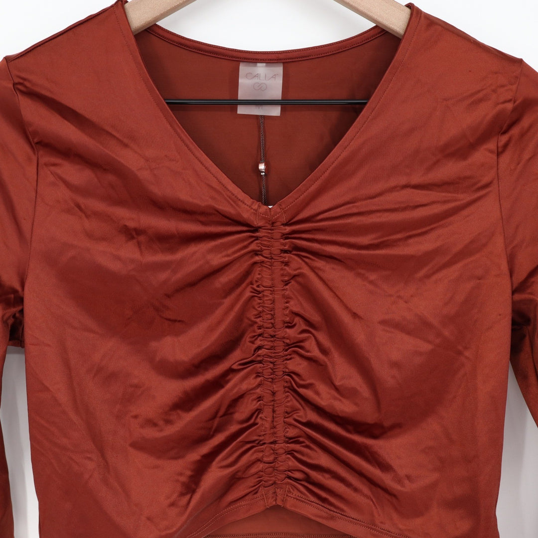 Calia Womens LS Ruched Rashguard Red Brown Shine UPF 50+ Crop Swim Top M NEW