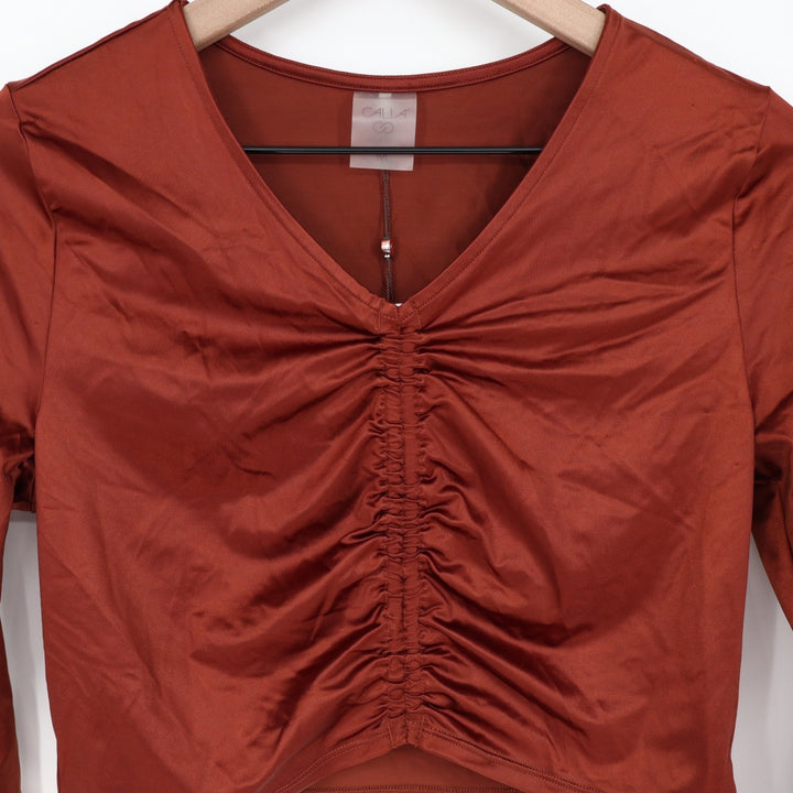 Calia Womens LS Ruched Rashguard Red Brown Shine UPF 50+ Crop Swim Top M NEW