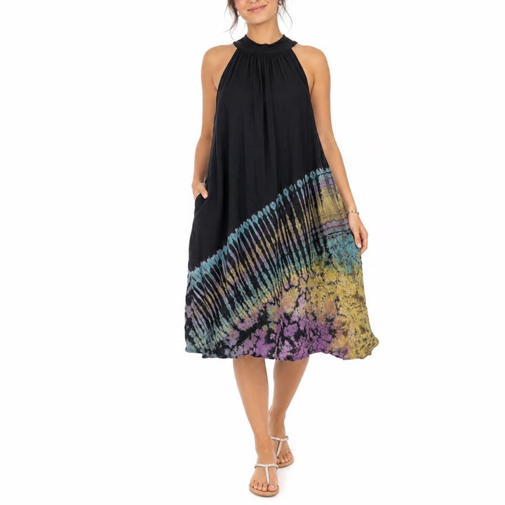 Black Tie Dye Rayon Halter Neck Shift Dress Sleeveless Boho Mini Tunic O/S