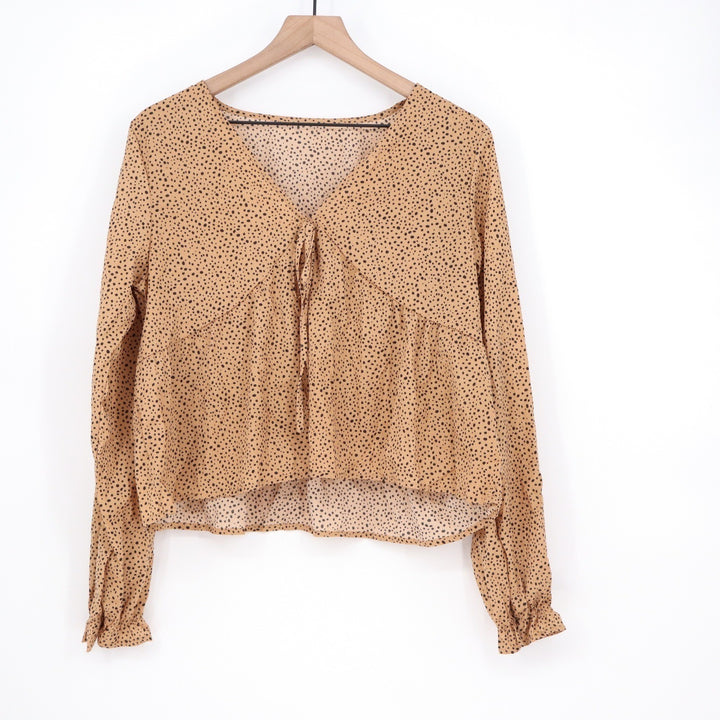 SHEIN Tan Dalmatian Dot V-Neck Peplum Blouse Front Tie Long Sleeve Top Large