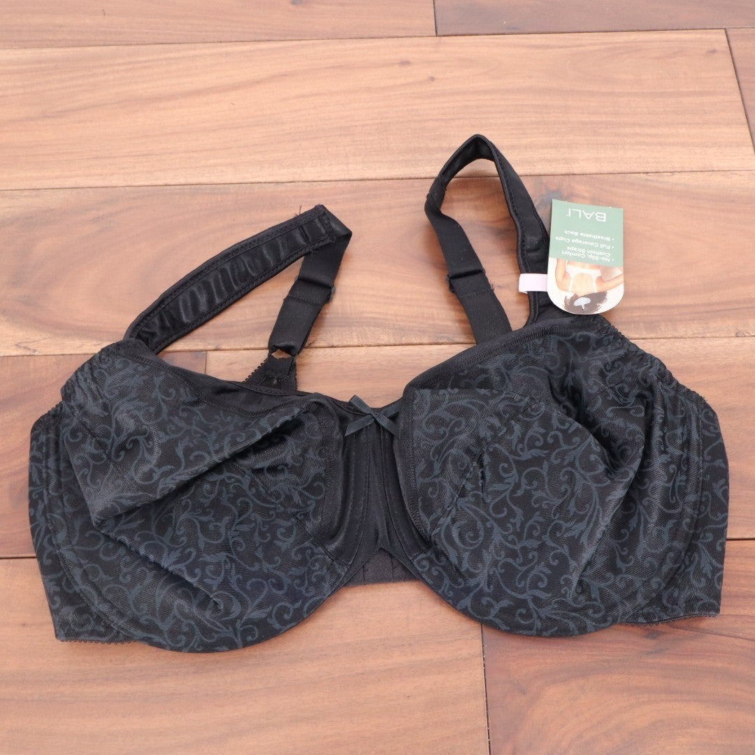 Bali Satin Tracings Minimizer Bra Womens 38D Black Floral Stretch Underwire