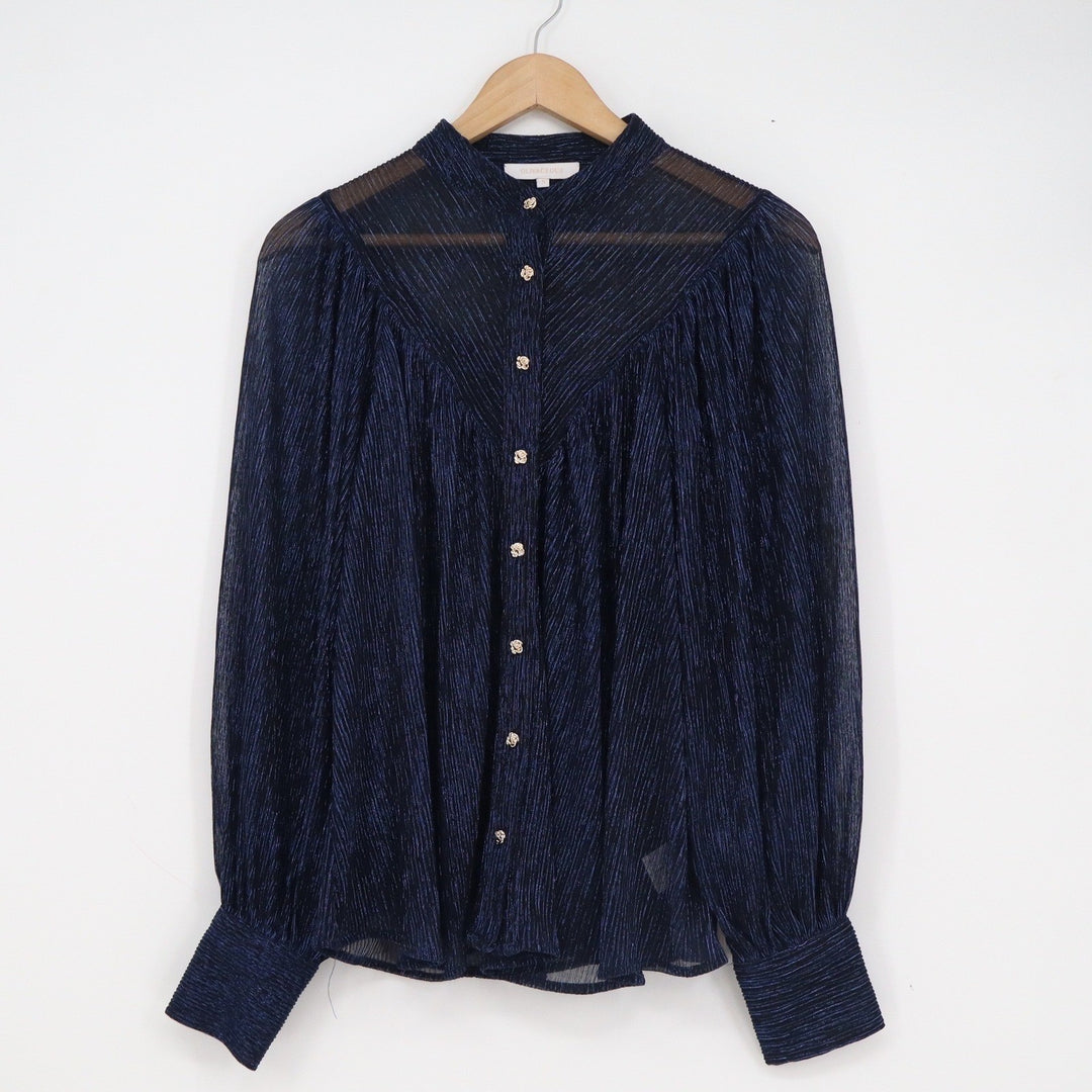 Olivaceous Navy Blue Metallic Pleated Mock Neck Blouse Rose Buttons S