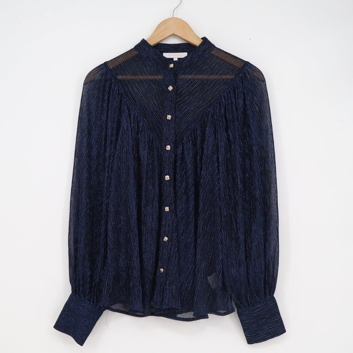 Olivaceous Navy Blue Metallic Pleated Mock Neck Blouse Rose Buttons S