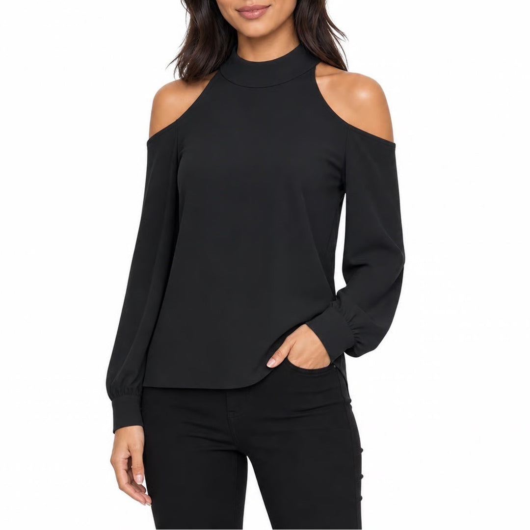 SHEIN Black Cold Shoulder Halter Tie Neck Long Sleeve Blouse Top Size L US 8/10