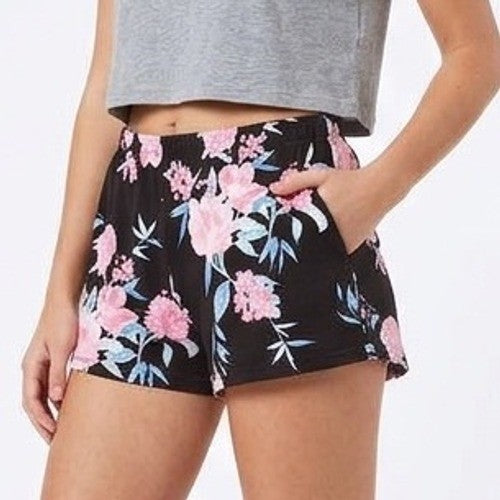 Womens Pajama Sleep Shorts XL Black Pink Floral Allover Print Stretch Pull On