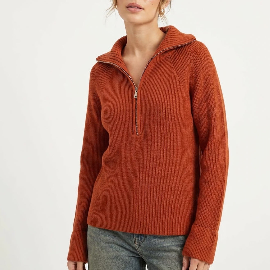 BTFBM Women's Burnt Orange Ribbed Quarter Zip Funnel Neck Sweater Size M