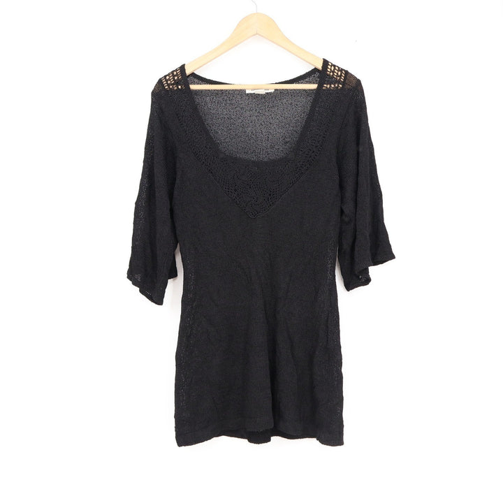 White House Black Market Black Crochet Lace Knit Tunic Top Elbow Sleeve Medium