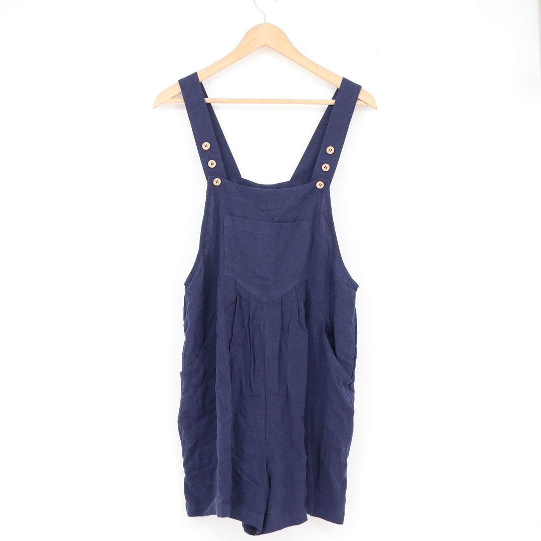 Navy Blue Linen Blend Short Overalls Romper Bib Front S