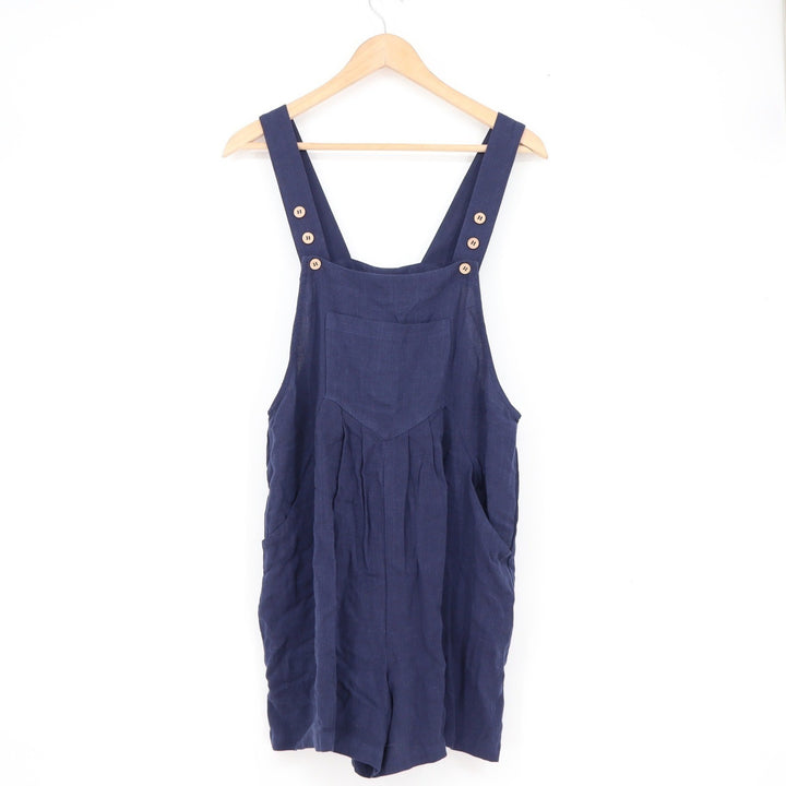 Navy Blue Linen Blend Short Overalls Romper Bib Front S