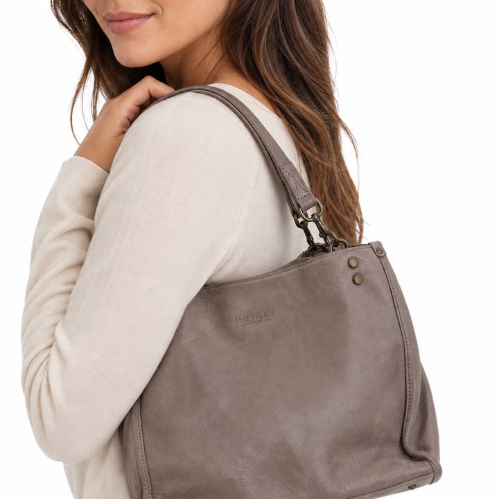 American Leather Co Taupe Leather Triple Compartment Shoulder Bag Tote