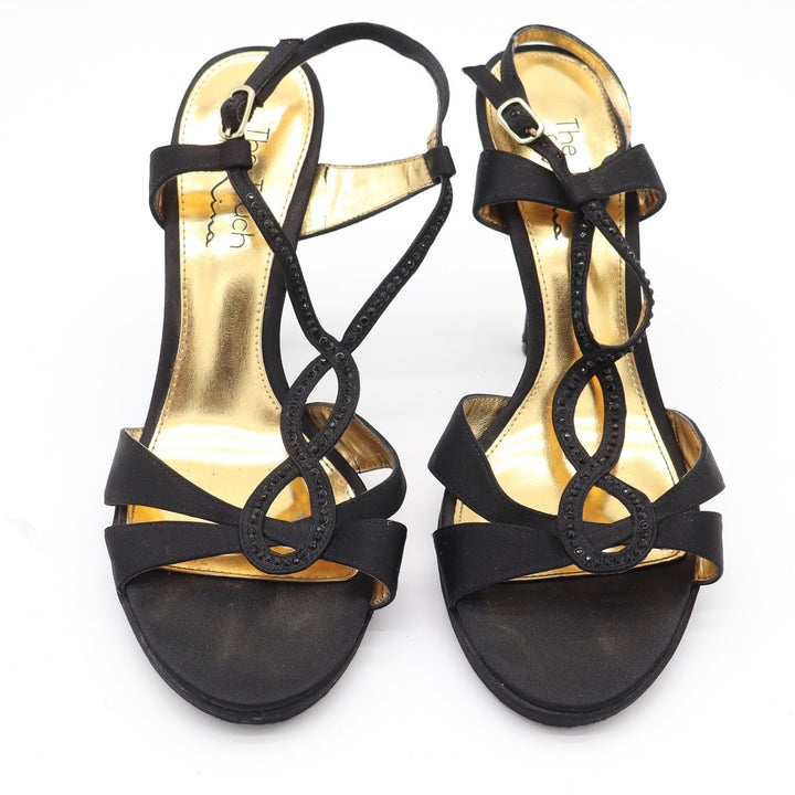 The Touch of Nina Womens Black Satin Rhinestone T-Strap Stiletto Heels Size 8.5