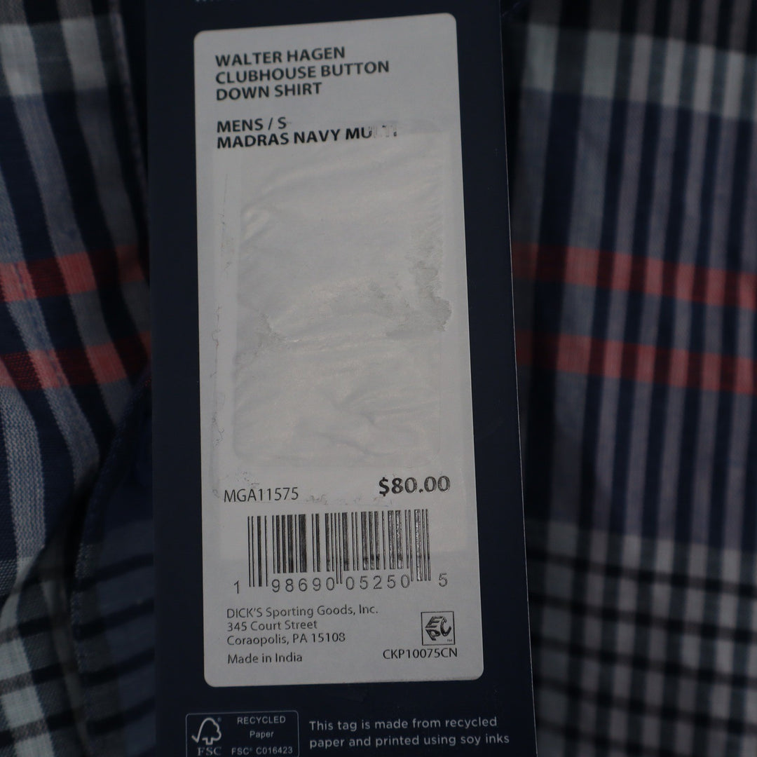 Walter Hagen Clubhouse Mens S Madras Navy Multi Plaid Short Sleeve Shirt