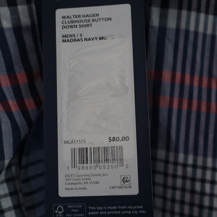 Walter Hagen Clubhouse Mens S Madras Navy Multi Plaid Short Sleeve Shirt
