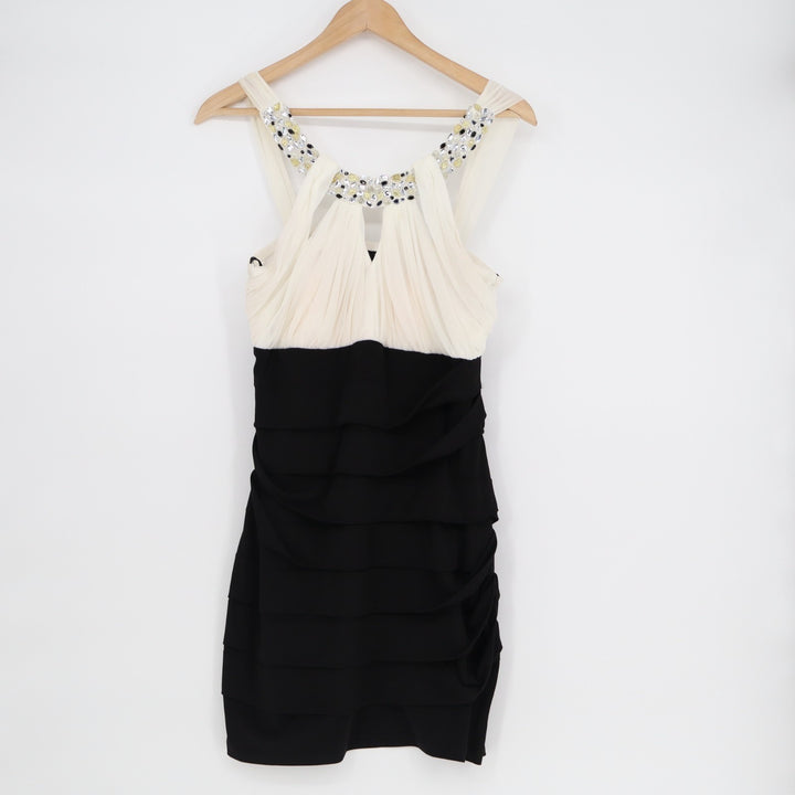 City Studio Tiered Mini Dress Womens XL Black Cream Ruched Embellishment Neck