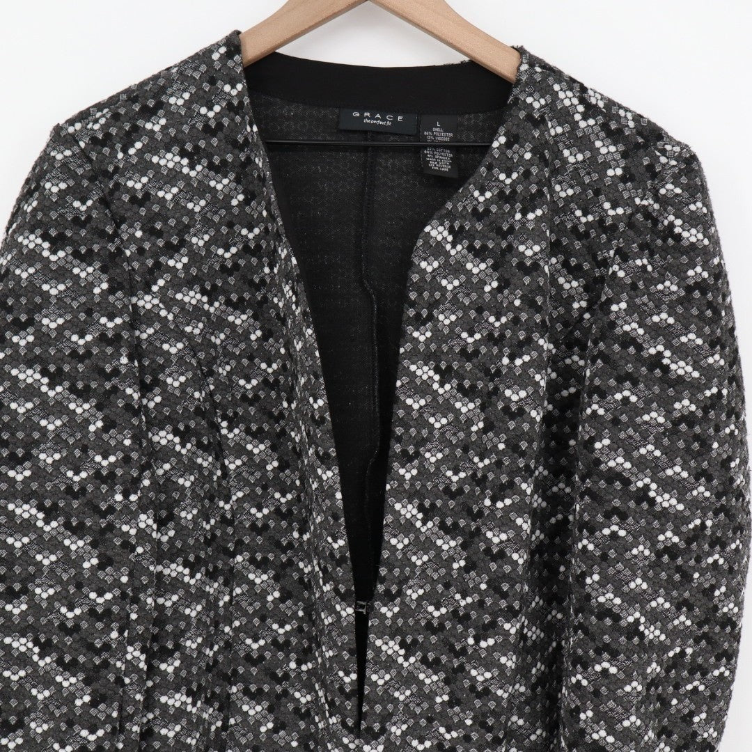 Grace The Perfect Fit Suit Jacket Blazer Womens L Black Multi Stretch Open Front