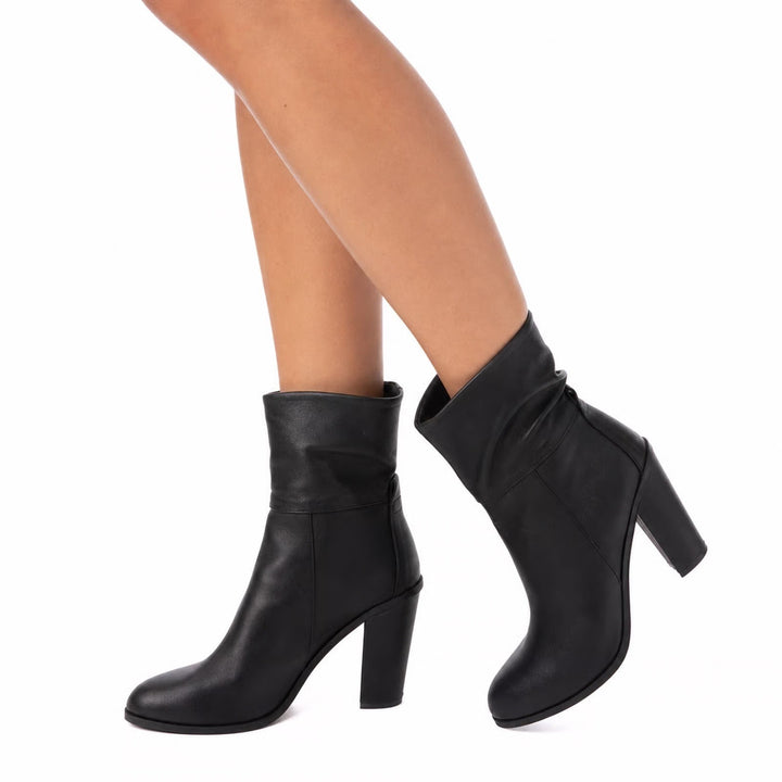 Black Faux Leather Mid-Calf Block Heel Boots Round Toe Size 9 Slouchy Pull On
