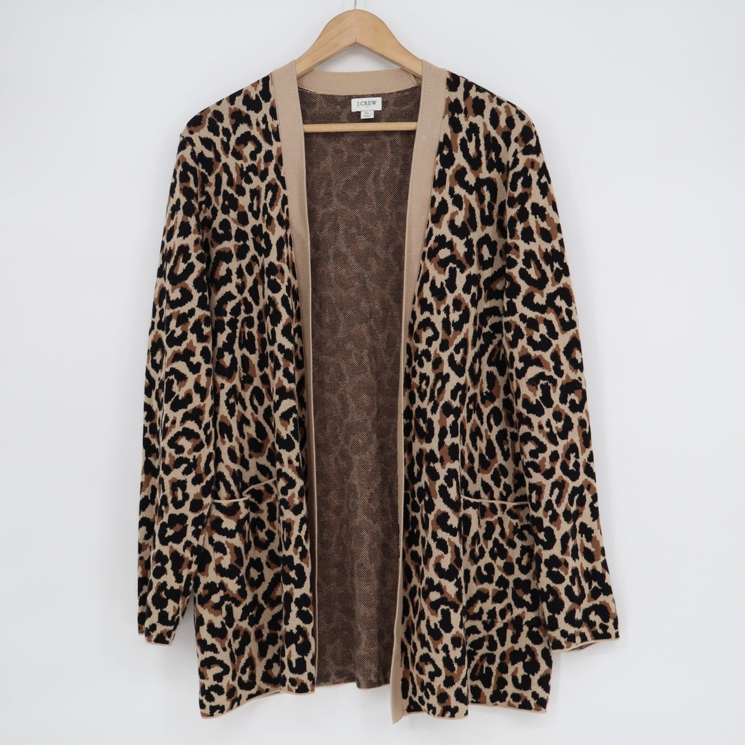 J.Crew Leopard Print Open Front Cardigan Sweater XL Cotton Tan Brown
