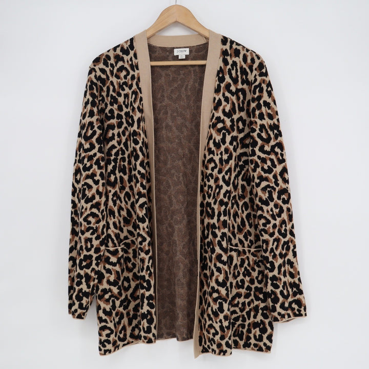 J.Crew Leopard Print Open Front Cardigan Sweater XL Cotton Tan Brown