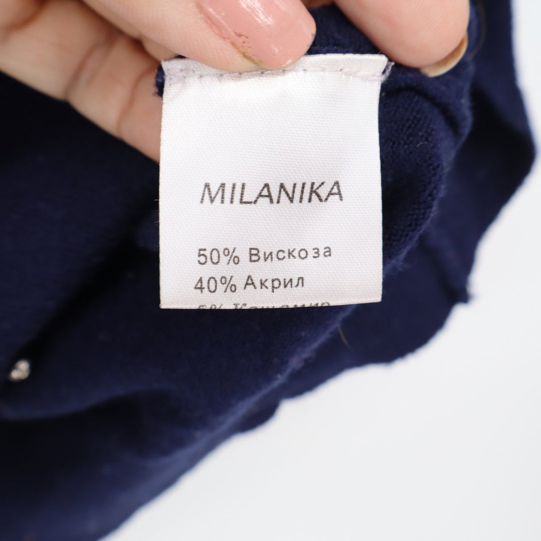 Milanika Navy Blue Studded Cashmere Blend Boat Neck Knit Sweater Oversized L
