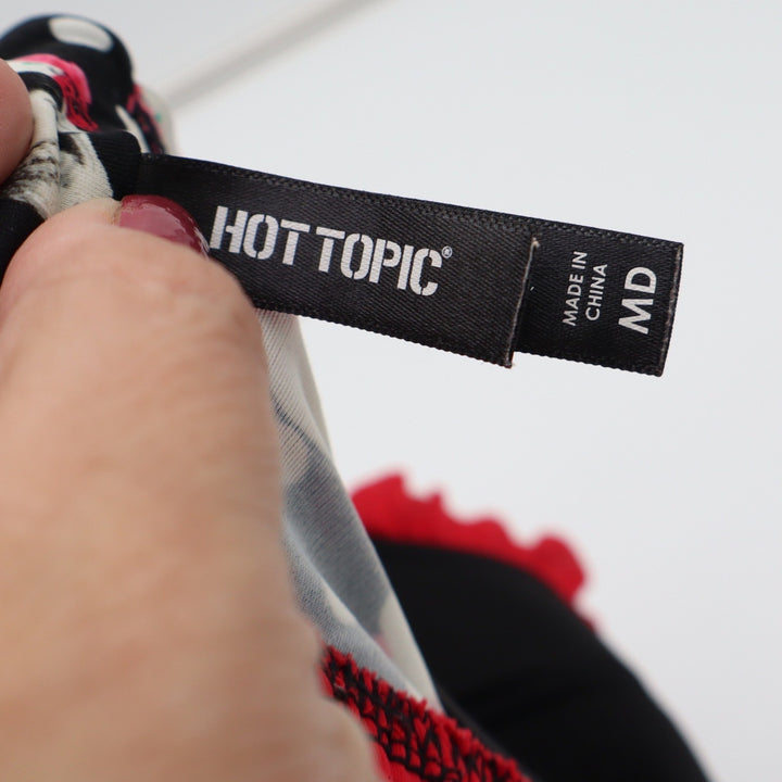 Hot Topic Bikini Top Womens M Skull Polka Dot Red Ruffle Underwire Excellent