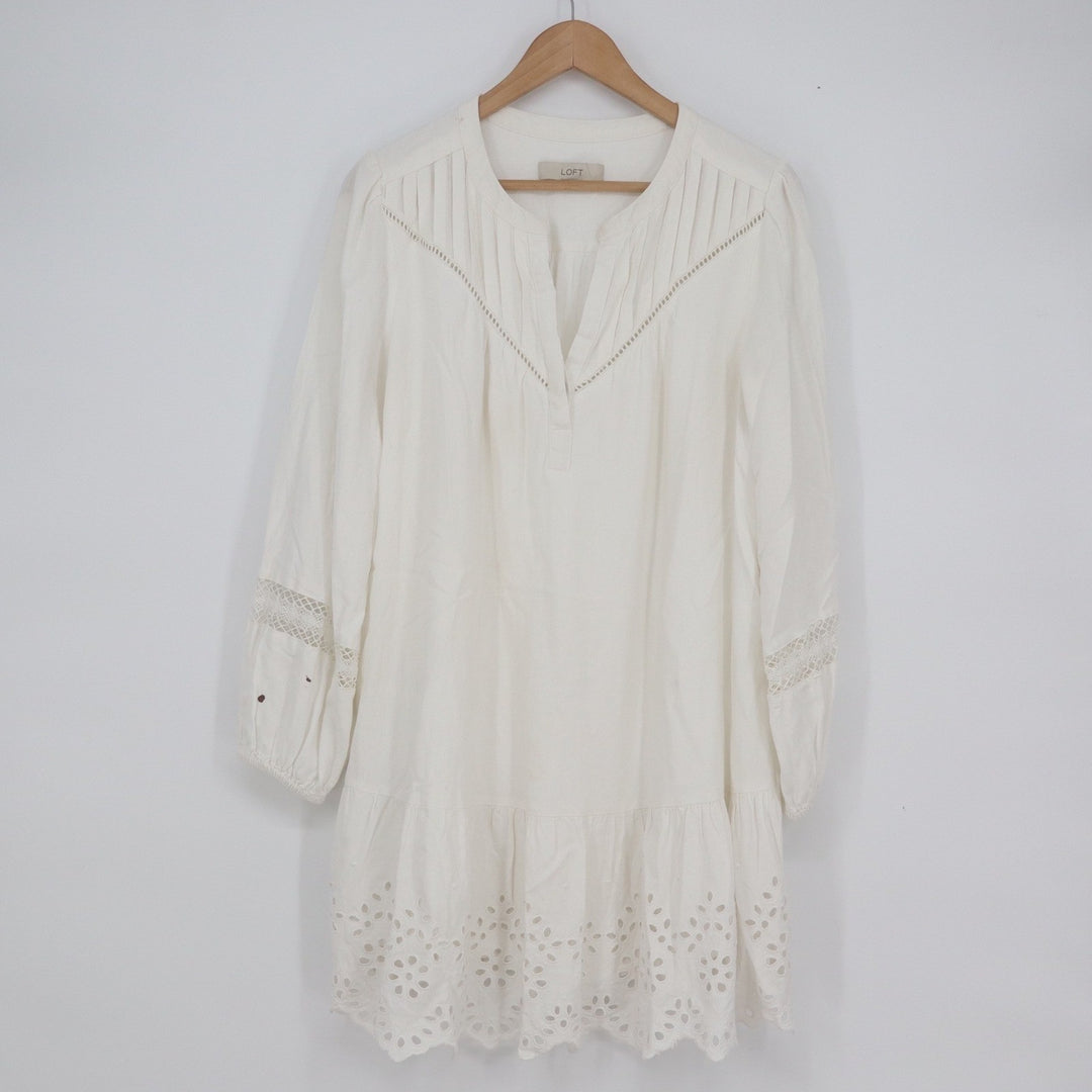 Loft White Linen Blend Eyelet Tiered Tunic Dress Long Sleeve Boho Mini Medium