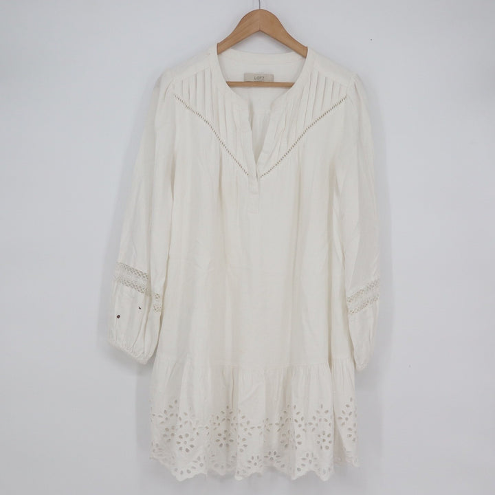 Loft White Linen Blend Eyelet Tiered Tunic Dress Long Sleeve Boho Mini Medium