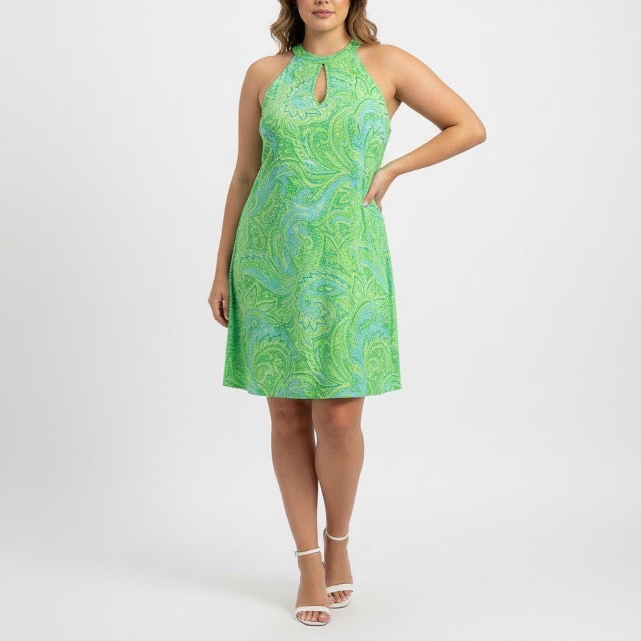 Midi Dress Womens Medium Green Blue Paisley Print Halter Neck Sleeveless